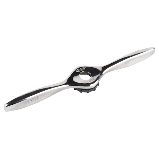 Photo of IRWIN 4935055 silver die stock handle, metal threading tool, side angle, on white background.