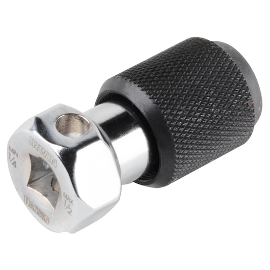 Photo of IRWIN 4935055 socket adapter with textured black grip and chrome finish, tool product on white background.