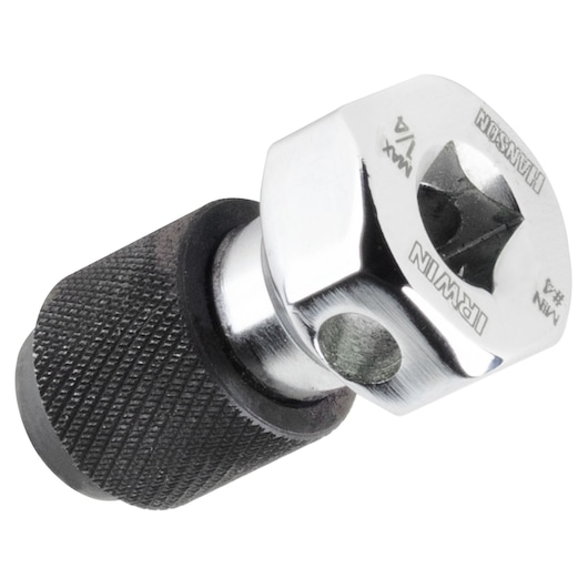 IRWIN 4935055 socket adapter with knurled black grip and chrome hex head, product photo on white background.