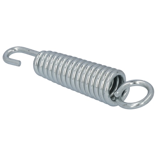 IRWIN SKU 4935309 silver metal tension spring with hook and ring, side angle, photography.