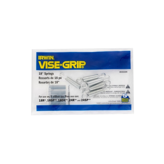 IRWIN VISE-GRIP 4935309 pack of 5 silver metal 18 inch springs, front angle on white background.