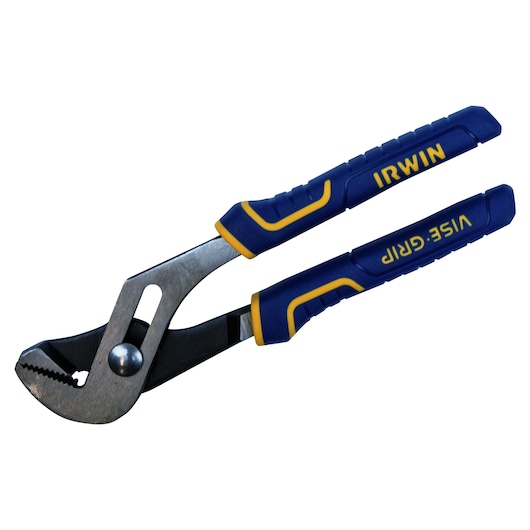 Photo of IRWIN 4935320 adjustable groove joint pliers with blue and yellow handles on white background.