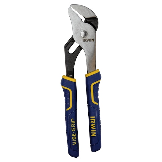 IRWIN VISE-GRIP groove joint pliers with blue and yellow ergonomic handles, SKU 4935320, front view on white.