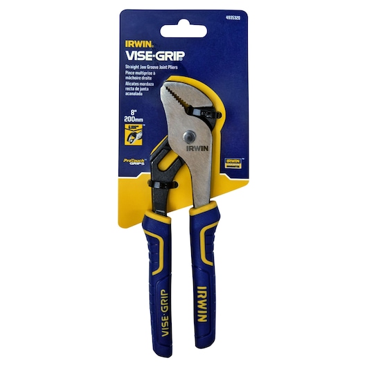IRWIN VISE-GRIP straight jaw groove joint pliers 8 inch 4935320, blue and yellow handles, front angle on white background.