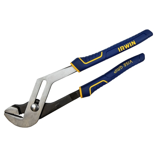 Photo of IRWIN 4935322 groove joint pliers with blue and yellow non-slip handles, tool angled on white background.