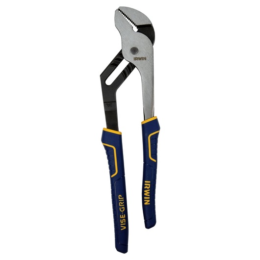 IRWIN 4935322 groove joint pliers with blue and yellow VISE-GRIP handles, front angle on white background.