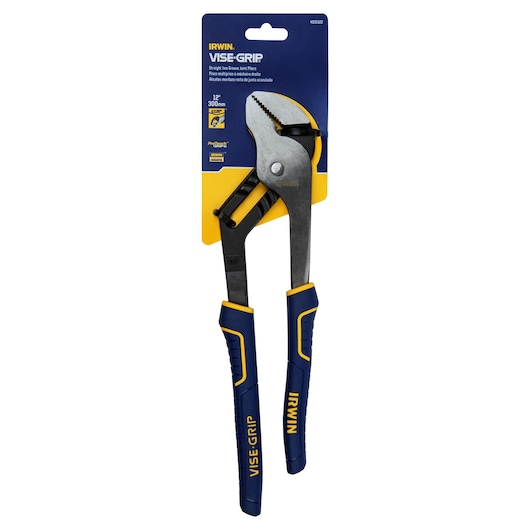 IRWIN VISE-GRIP 12-inch straight jaw groove joint pliers in blue and yellow packaging, SKU 4935322, front angle.
