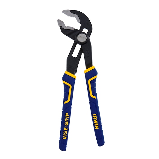 IRWIN 4935351 groove joint pliers with blue and yellow VISE-GRIP handles, front angle, white background.