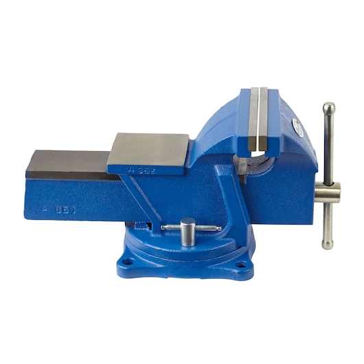 Photo of IRWIN 4935506 blue steel bench vise, side view, on white background.