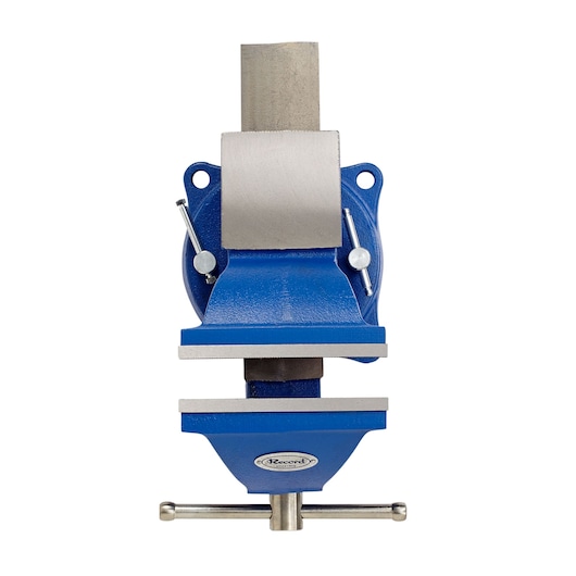 IRWIN 4935506 blue steel bench vise, front angle, silver jaws and adjustment handle on white background.