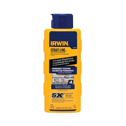 Photo of IRWIN STRAIT-LINE marking chalk 4935518, yellow and blue bottle, front angle, for extreme conditions.