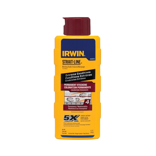 IRWIN 4935519 marking chalk bottle, yellow container with red cap, STRAIT-LINE for extreme conditions, front view.