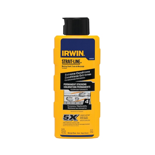 Photo of IRWIN 4935520 yellow bottle of STRAIT-LINE marking chalk for extreme conditions, front view on white background.