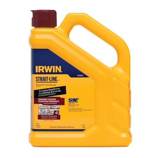 Photo of IRWIN 4935522 yellow marking chalk bottle, STRAIT-LINE category, with red cap, front angle on white background.