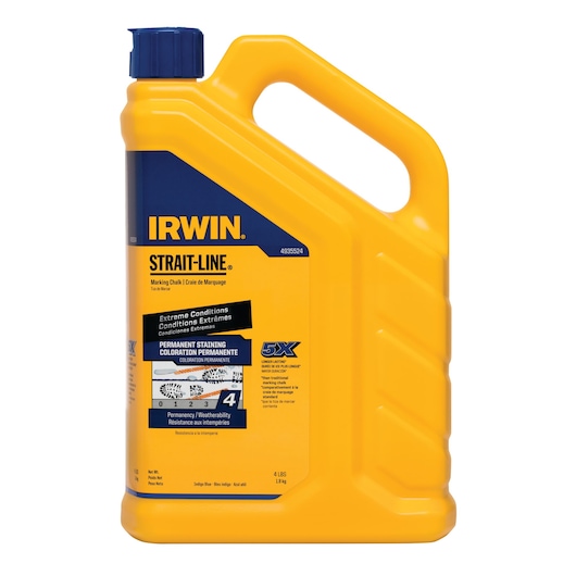 IRWIN 4935524 marking chalk, large yellow and blue plastic bottle with handle, front angle, white background.