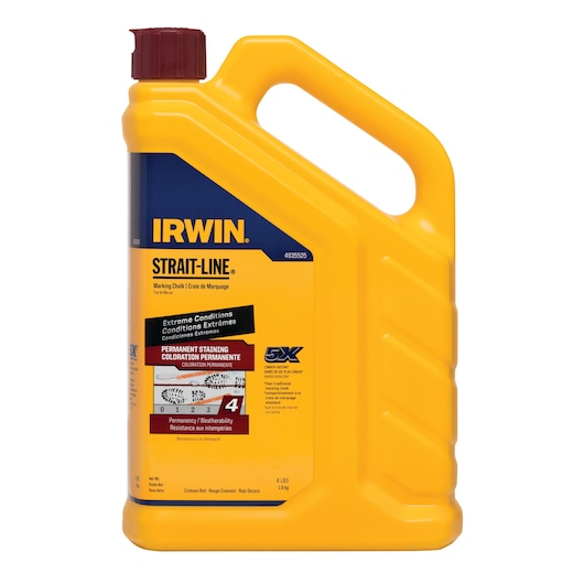Photo of IRWIN STRAIT-LINE marking chalk 4935525 in yellow plastic container, front angle, with red cap.
