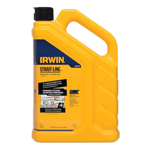 IRWIN Strait-Line marking chalk container, 4935526, yellow plastic jug, front angle, 4 lbs capacity.
