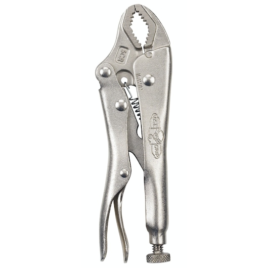 IRWIN 4935579 locking pliers with curved jaws, silver metal finish, front angle on white background.