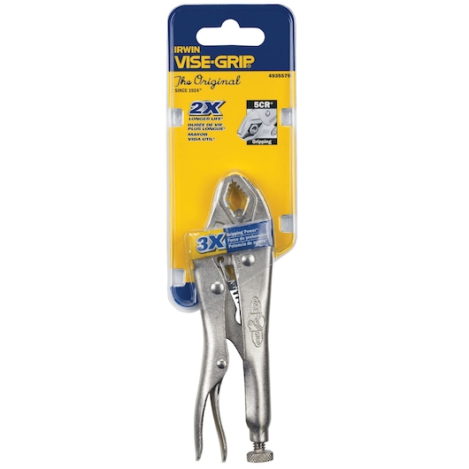 IRWIN VISE-GRIP 4935579 locking pliers in retail packaging, silver finish, front angle on white background.