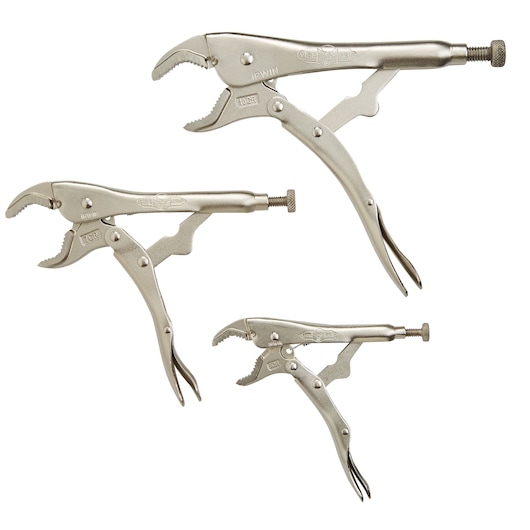 IRWIN 4935580 set of three silver curved jaw locking pliers on white background, various sizes, side view.