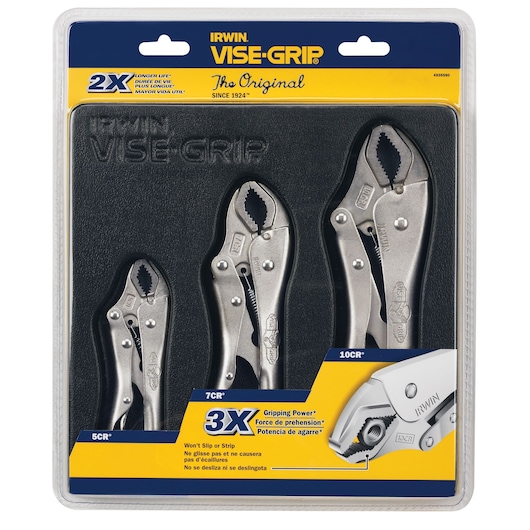 IRWIN Vise-Grip pliers set 4935580, three locking pliers in plastic packaging, front view on white background.