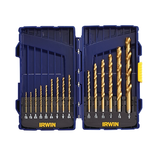 IRWIN 4935607 drill bit set with gold finish, displayed open in a blue plastic case, front view.