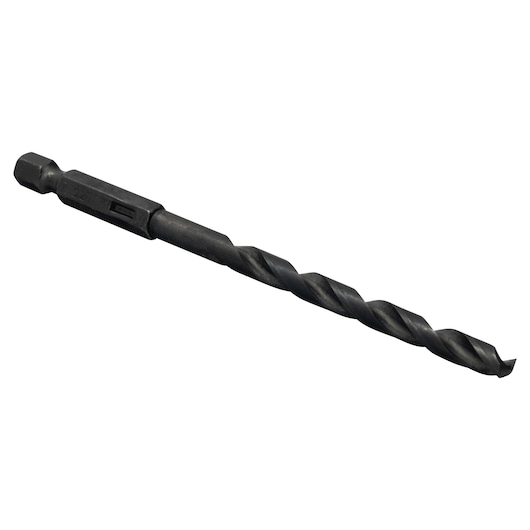 IRWIN 4935640 black oxide drill bit with hex shank, side angle, on white background.