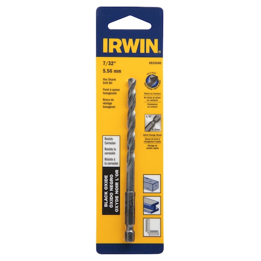 IRWIN 4935640 hex shank drill bit, 7/32 inch, black oxide, in retail packaging, front angle.