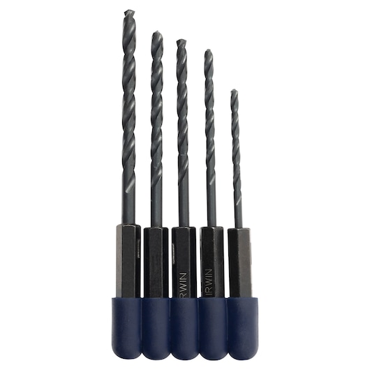 Photo of IRWIN hex shank drill bit set, five pieces with black and blue handles, SKU 4935642, front angle.