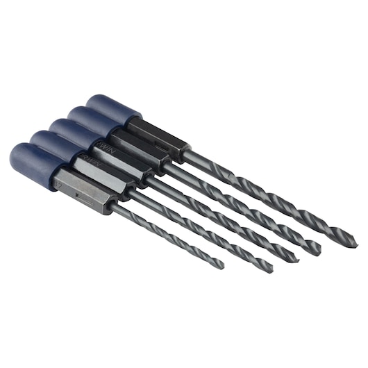 IRWIN 4935642 set of five metal drill bits with blue caps, angled on white background.