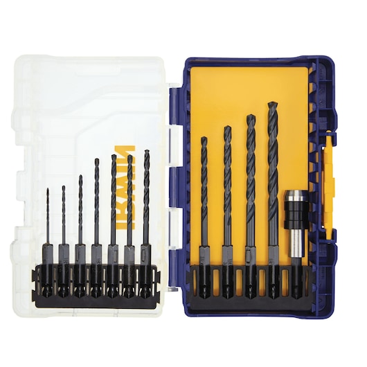 IRWIN 4935643 drill bit set in a plastic case, includes multiple black drill bits and a silver accessory, front angle.