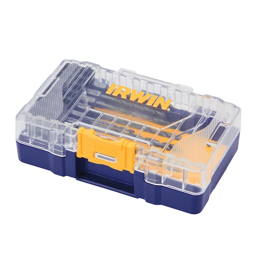 IRWIN 4935643 tool organizer box with clear lid and yellow latch, front angled view, photography.