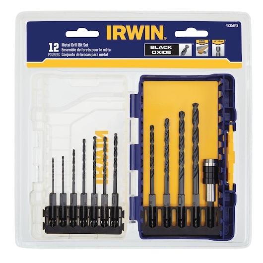 IRWIN 4935643 metal drill bit set, 12-piece, black oxide, front angle, in clear and yellow plastic case.
