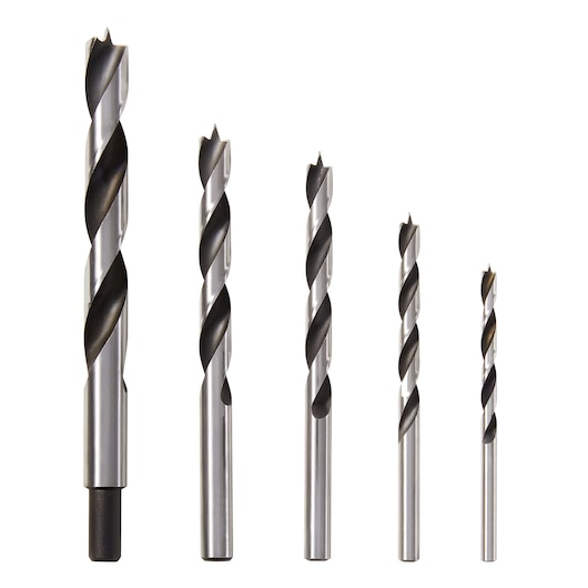 IRWIN 49600 photography of five silver and black wood drill bits, front angle on white background.