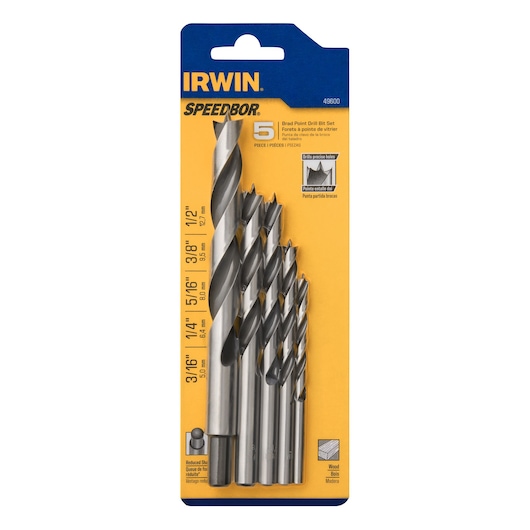 IRWIN 49600 brad point drill bit set, 5-piece, silver steel bits in yellow and blue packaging, front view.