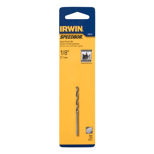 Photo of IRWIN 49612 SPEEDBOR brad point bit, 1/8 inch, in packaging, wood drill bit, front angle, yellow and blue card.