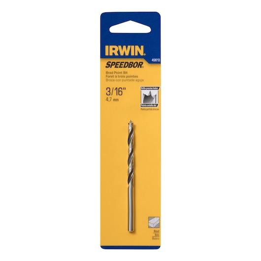 IRWIN 49613 brad point drill bit 3/16 inch for wood in retail packaging, front angle on white background.
