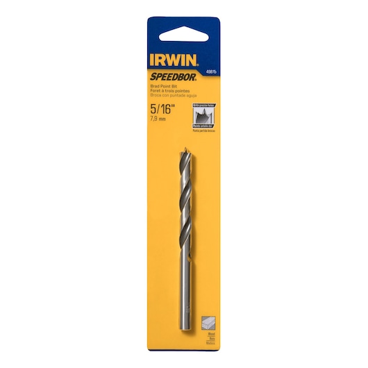 IRWIN 49615 brad point bit, 5/16 inch, silver metal, front angle, in yellow and blue packaging.
