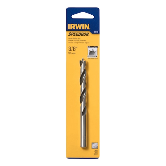 Photo of IRWIN brad point bit 3/8 inch 49616 in packaging, drill bit with silver finish, front angle on white background.