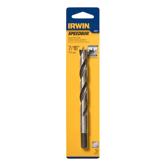 IRWIN 49617 brad point drill bit 7/16 inch in yellow and blue retail packaging, front angle on white background.