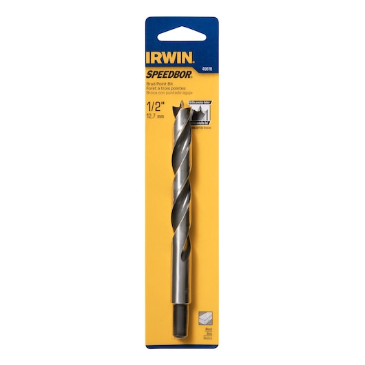 IRWIN 49618 brad point bit, 1/2 inch, silver metal, in retail packaging, front angle.