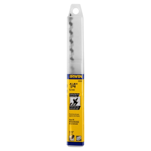 Photo of IRWIN 49904 auger bit in plastic case, yellow label with product details, shown front angle on white background.
