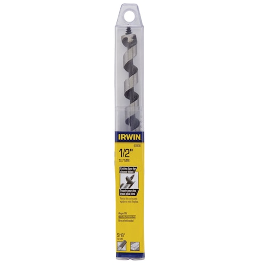 Photo of IRWIN 49908 auger bit in retail packaging, 1/2 inch size, front angle on white background.