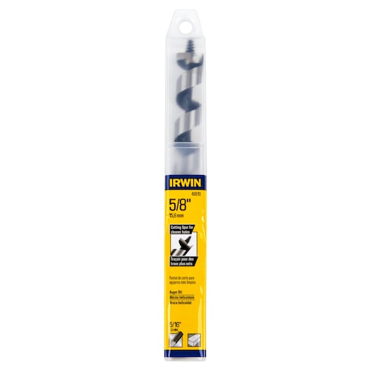 IRWIN 49910 auger bit in clear plastic packaging, yellow label with size 5/8 inch, front angle on white background.