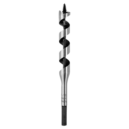 IRWIN 49911 auger drill bit front angle, silver with spiral flutes and screw tip.