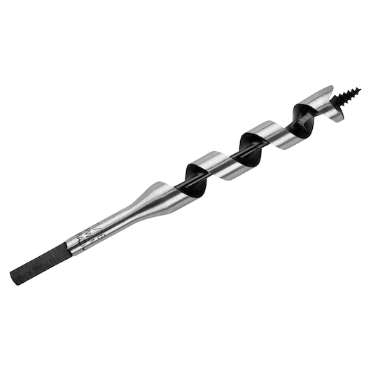 IRWIN 49911 auger drill bit, silver and black spiral design, side angle on white background.