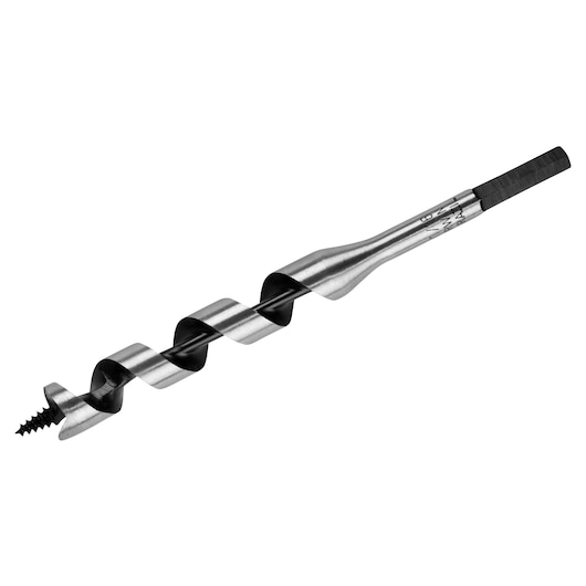 IRWIN SKU 49911 auger drill bit side view, silver and black spiral design, isolated on white background.