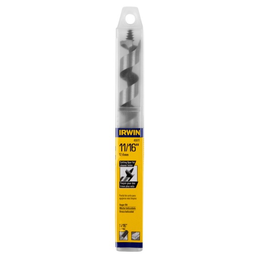 IRWIN 49911 auger bit in 11/16 inch size in plastic case, front angle on white background.