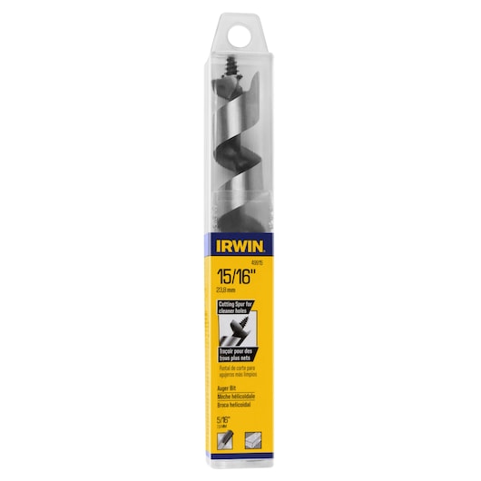 IRWIN 49915 auger bit in plastic packaging, yellow and blue label, 15/16 inch size, front angle on white background.