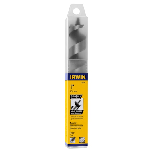 Photo of IRWIN 49916 auger bit in clear plastic packaging, yellow label, front angle, white background.